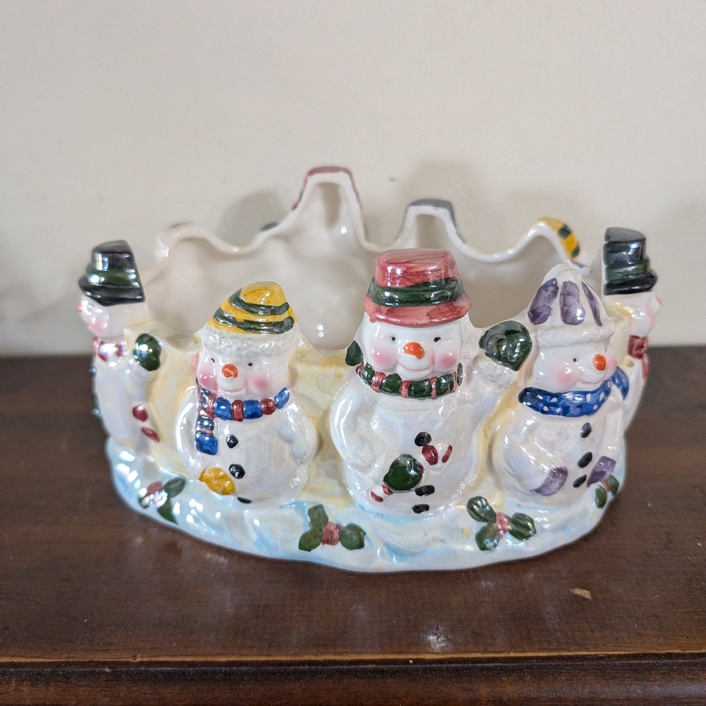 Vtg Fitz & Floyd Christmas Frosty Folks Snowman Serving Dish Centerpiece Bowl